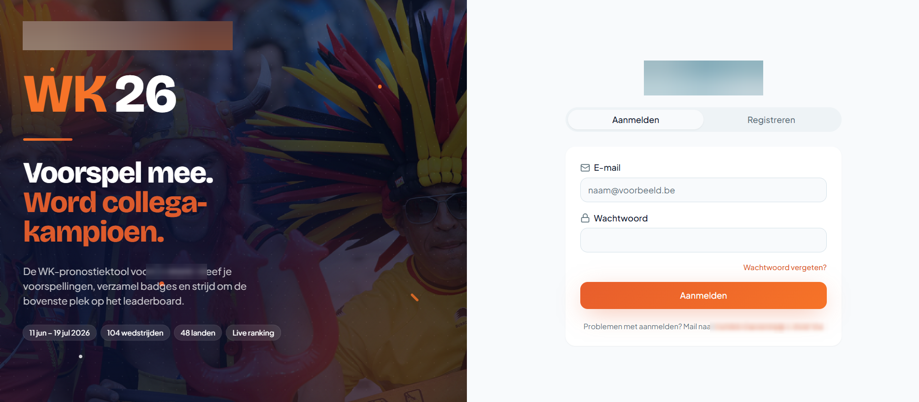 Aanmeldpagina van de pronostiekapp