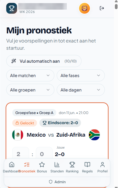 De pronostiekapp op mobiel