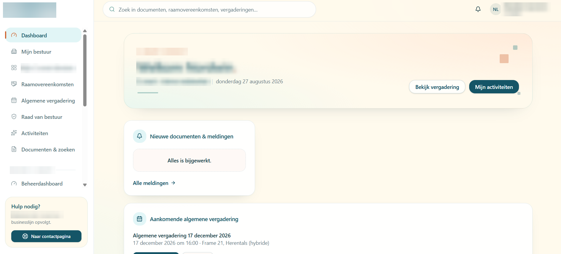 Dashboard met documenten en vergaderingen