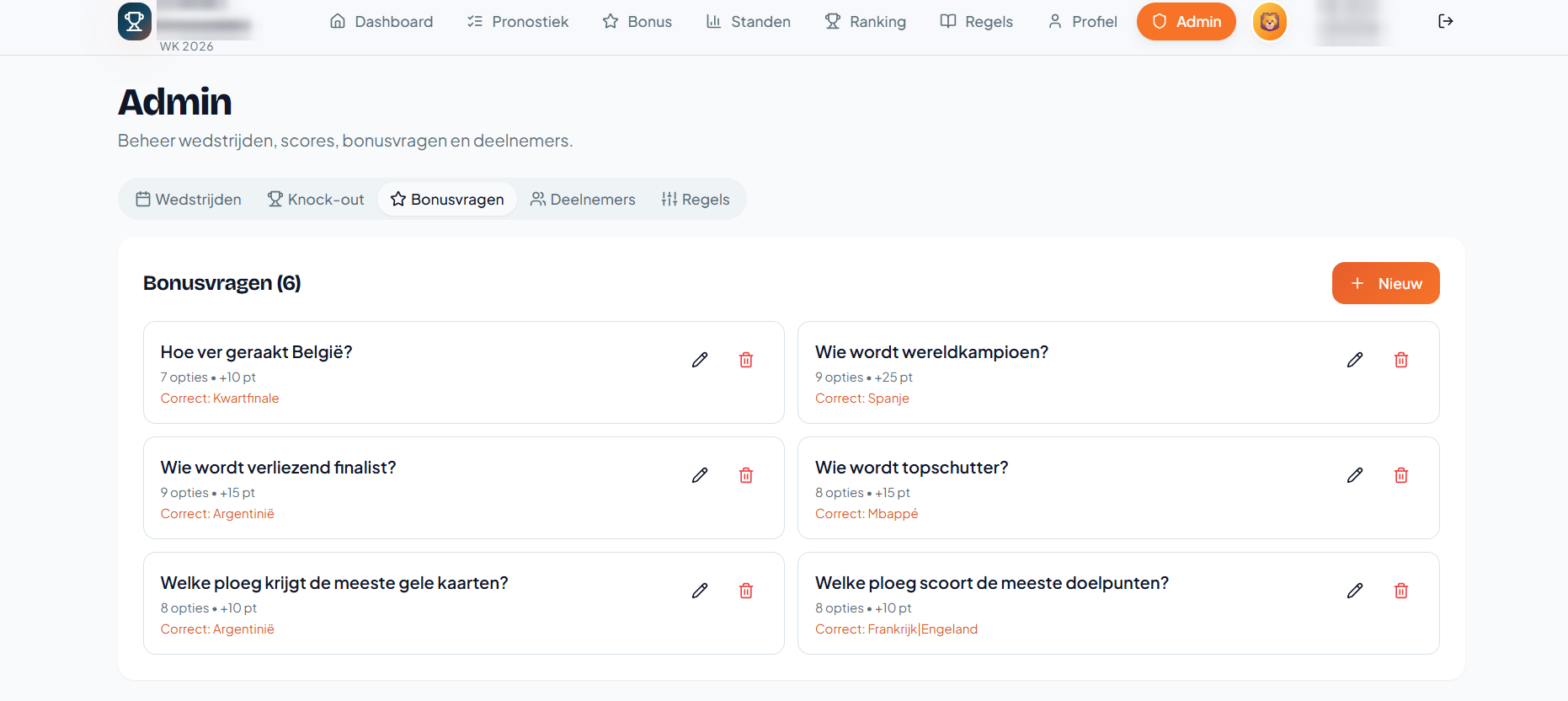 Beheerdersomgeving met wedstrijden, scores en bonusvragen